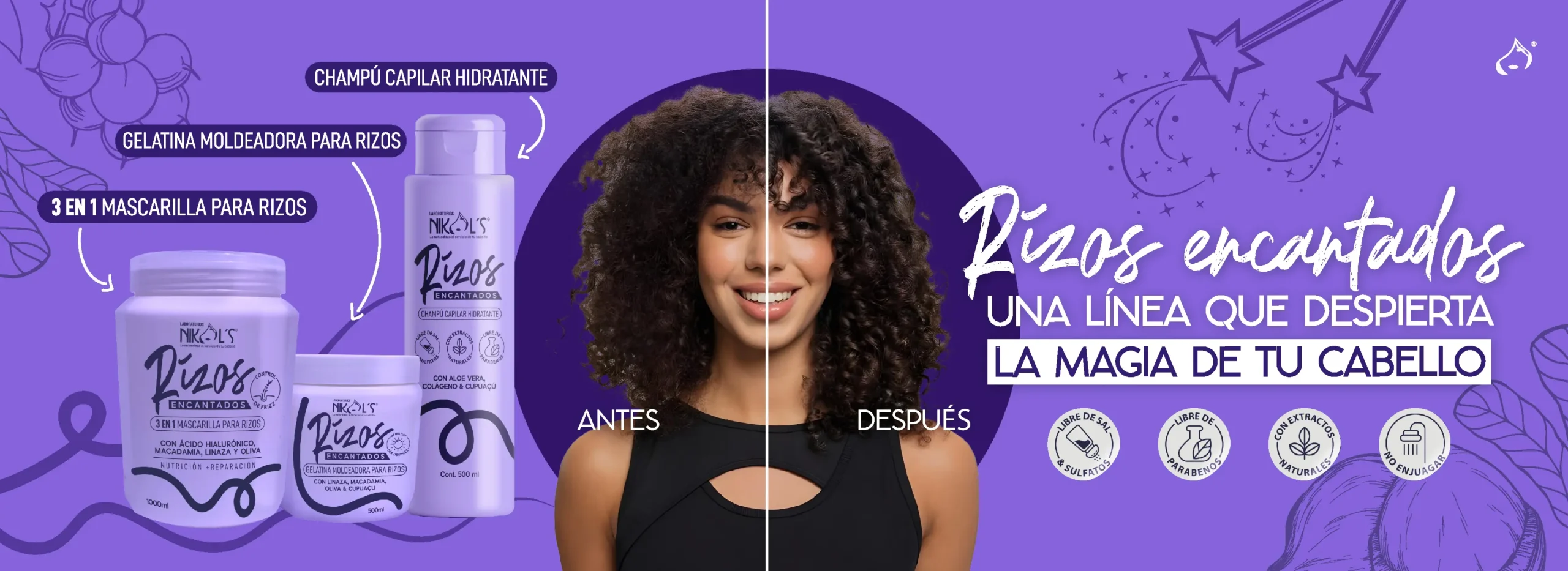 Una mujer de cabello rizado aparece en un antes y después junto a productos capilares para rizos y texto de “Rizos encantados”.