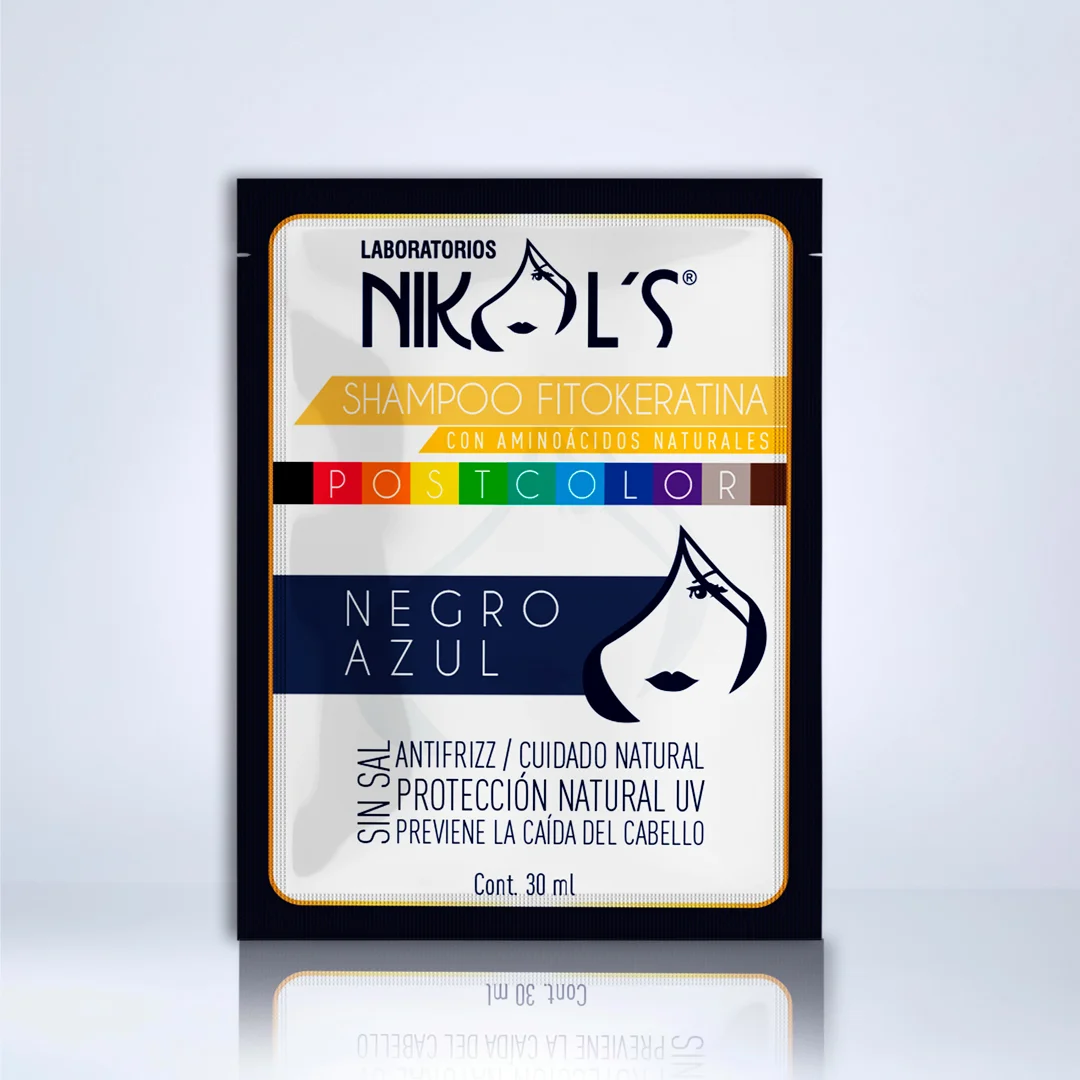 Sobre de 30 mL de Shampoo Post Color Negro Azul Brillantes, sin sal, antifrizz, cuidado natural, protección UV y anticaída.