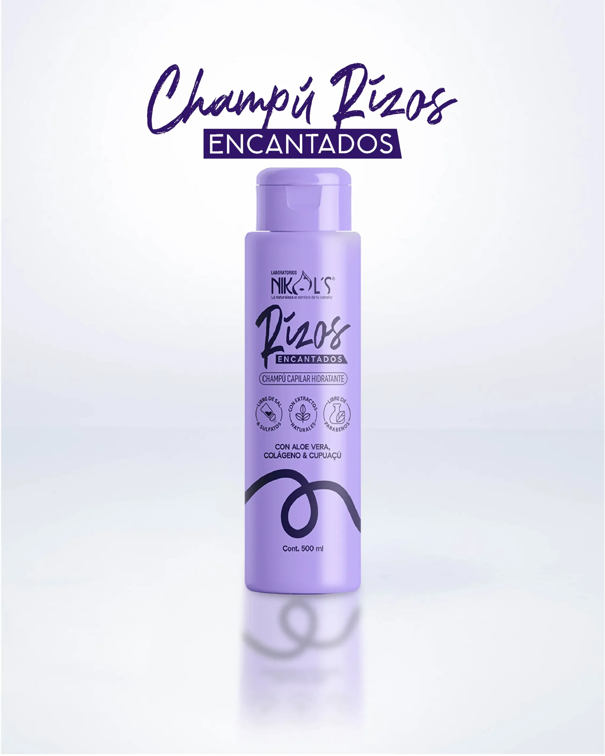 Una botella morada de Champú Capilar Hidratante Rizos Encantados centrada sobre fondo blanco, con detalles en español encima y en el envase.