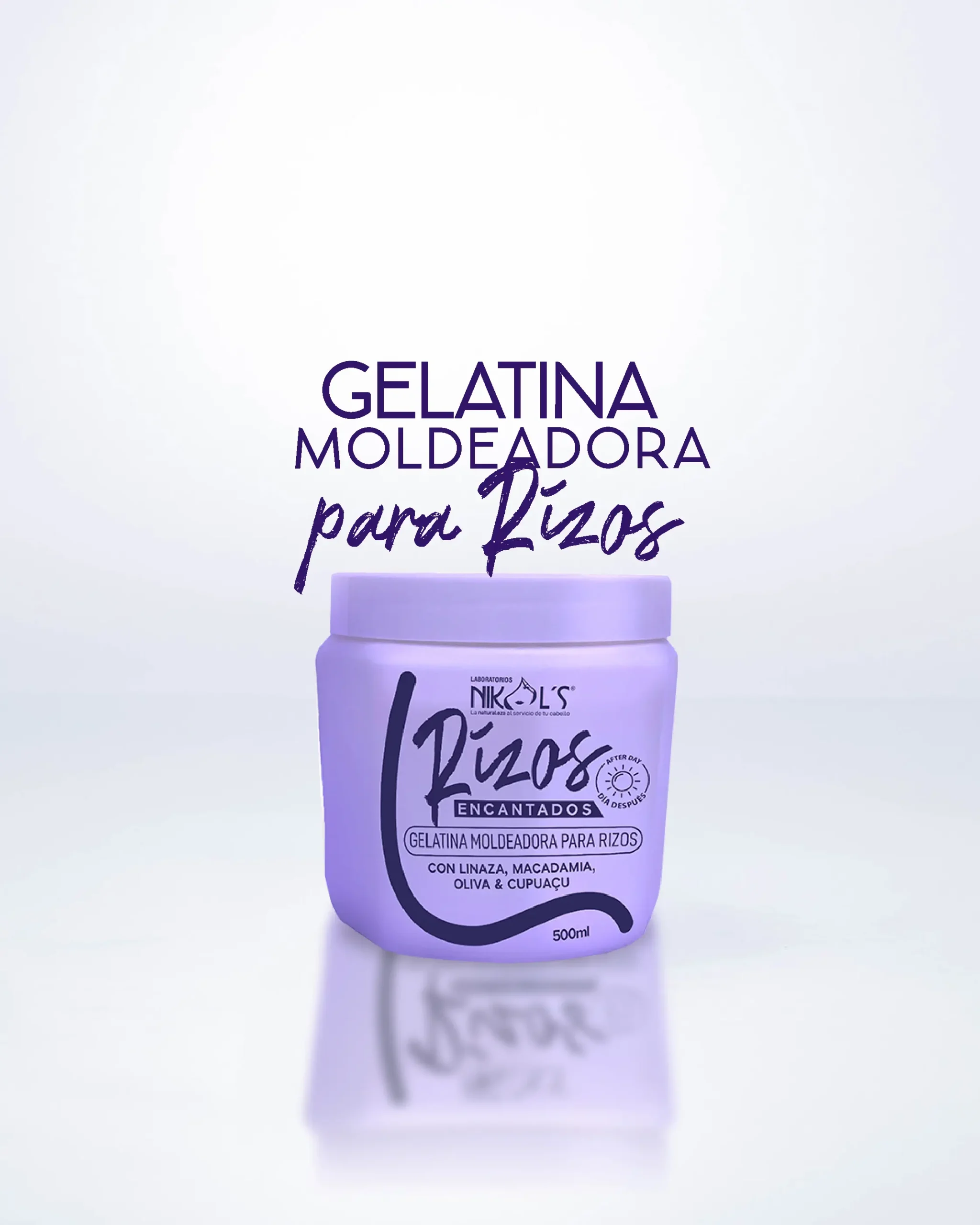 Un envase morado de Gelatina Moldeadora Rizos Encantados, ideal para Nutrición Capilar, centrado sobre fondo blanco con texto arriba.