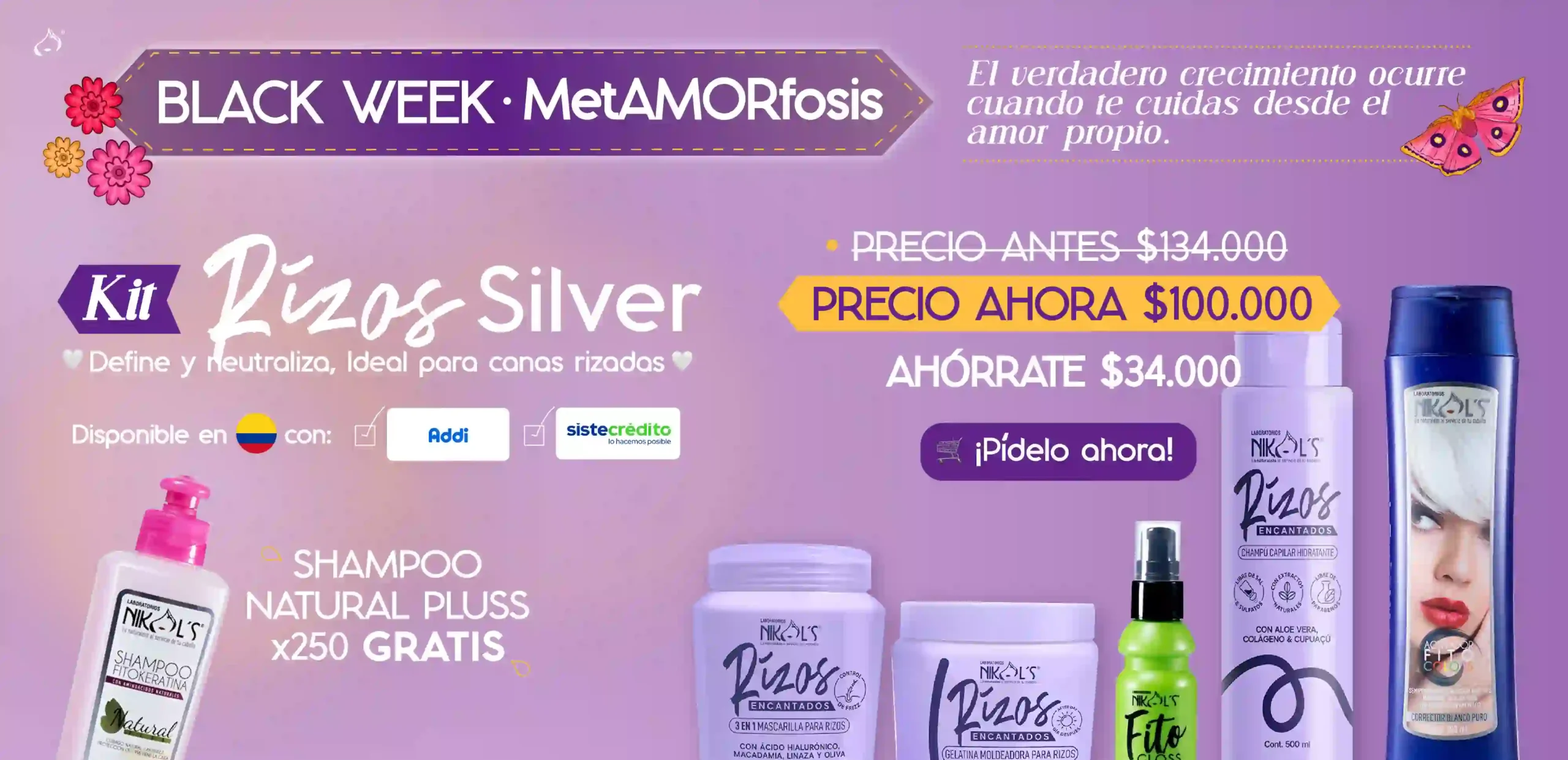 Banner promocional de kit para el cuidado del cabello con imágenes de productos, precios, descuentos y opciones de compra sobre fondo púrpura.