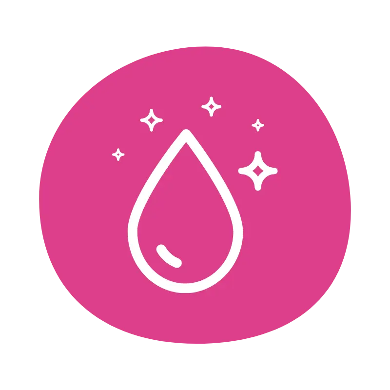 Contorno blanco de una gota de agua con cuatro destellos a su alrededor sobre un fondo circular rosa sólido.