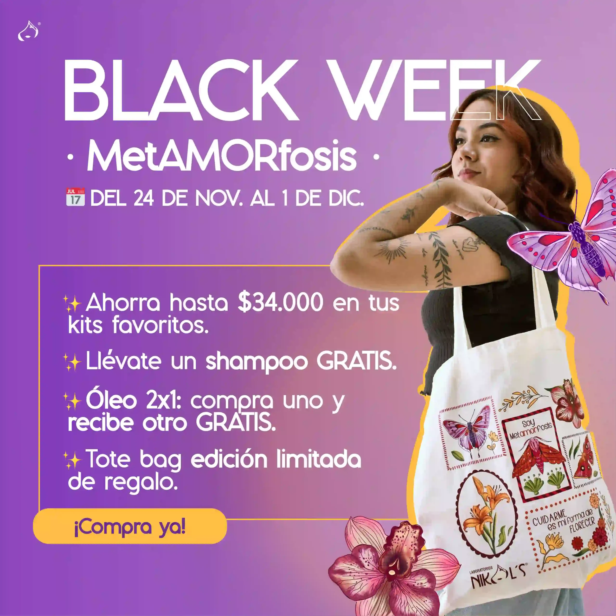 Anuncio de Black Week con una mujer y el bolso Tote Bag de MetAMORfosis rodeada de flores, ofertas y fondo púrpura llamativo.