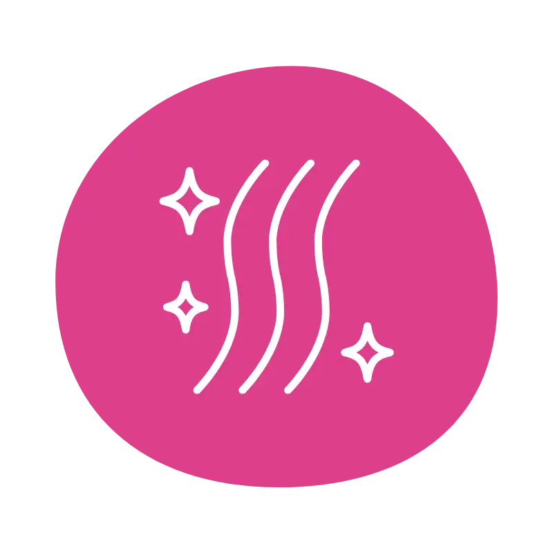 Icono de líneas onduladas blancas y destellos sobre fondo circular rosa, sugiriendo frescura o fragancia agradable.