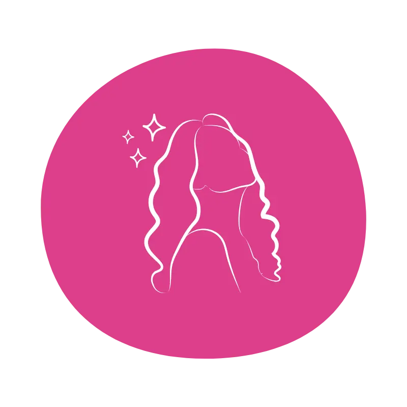 Dibujo de líneas blancas de una mujer de pelo largo con destellos cerca de la cabeza, sobre un fondo circular rosa sólido.