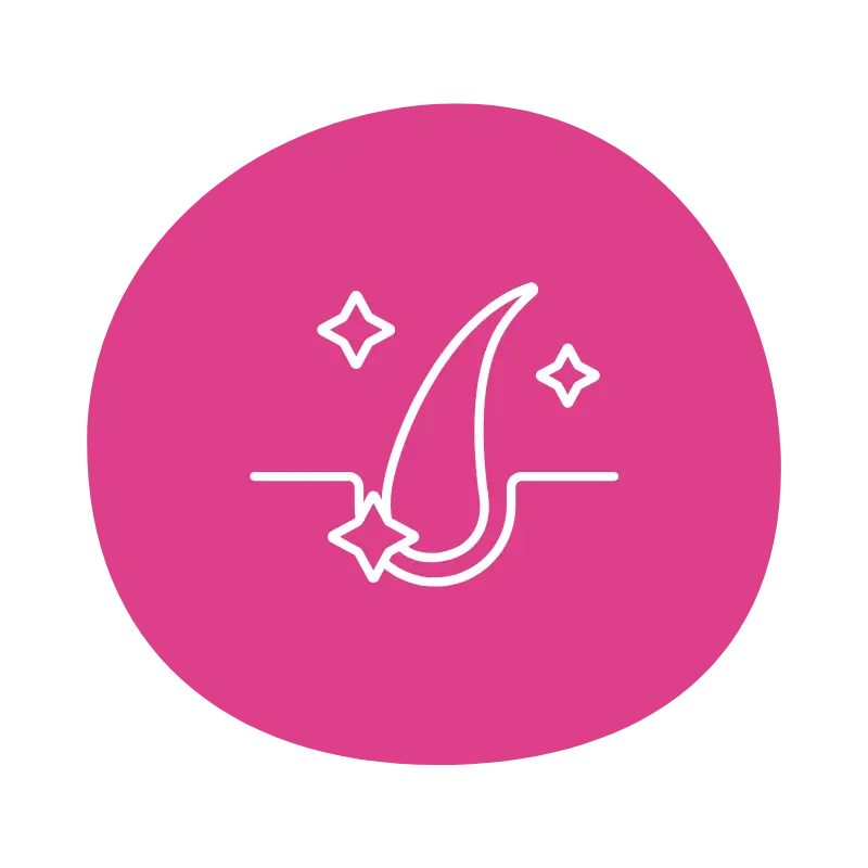 Contorno blanco de un folículo piloso con destellos sobre un fondo circular rosa, simbolizando cabello saludable o limpio.